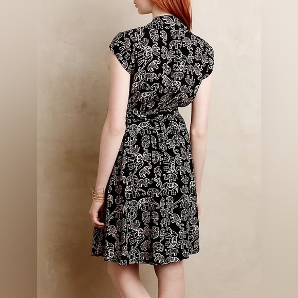 Anthropologie Maeve Noronha Wrap Dress Elephant Safari Novelty Print Black Sz M - Picture 2 of 15